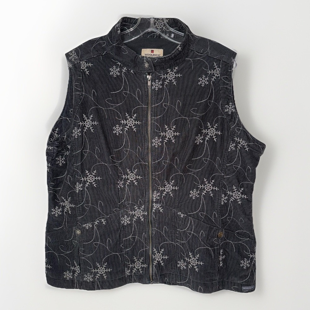 Woolrich Womens XL Corduroy Vest Gray Snowflake Embroidered Full Zip Sleeveless